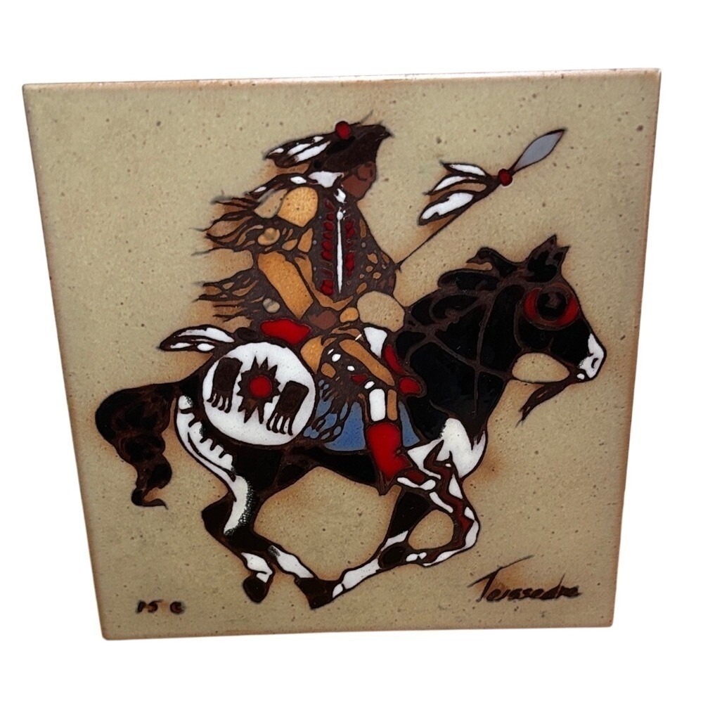Vintage Cleo Teissedre Designs Navajo Indian on Horse Trivet Coaster Wall Art 6"